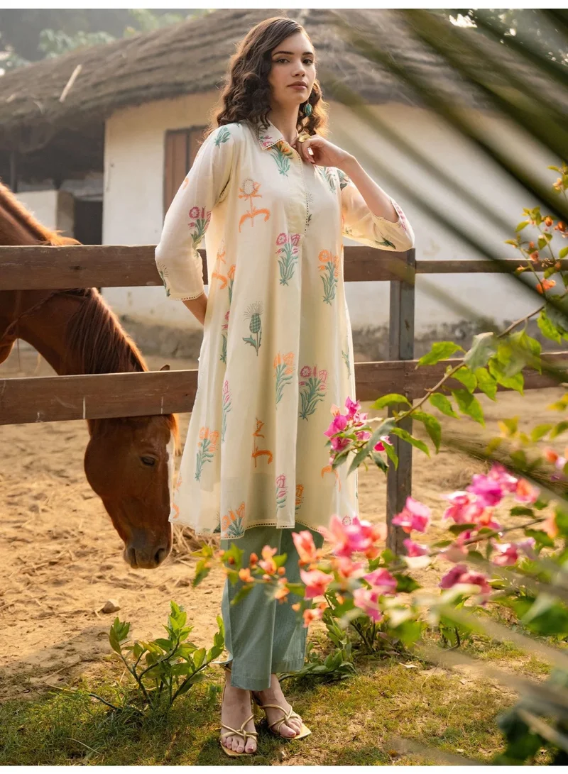 Ameya  Off-white-printed-a-line-kurta-trousers-set-1 for Women | Best Price UAE
