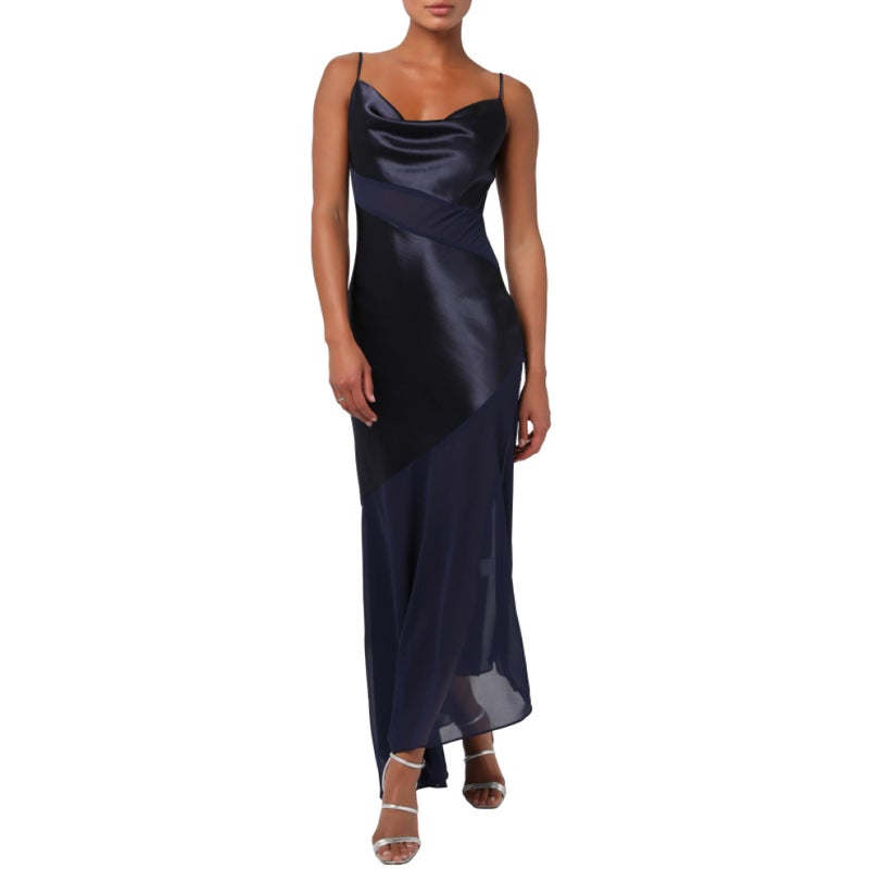 Lulus Lainey Asymmetrical Cowl Neck Maxi Dress Womenâ€™s Satin Formal Dress with Adjustable Straps and Draped Asymmetrical Hem Navy - Image 1