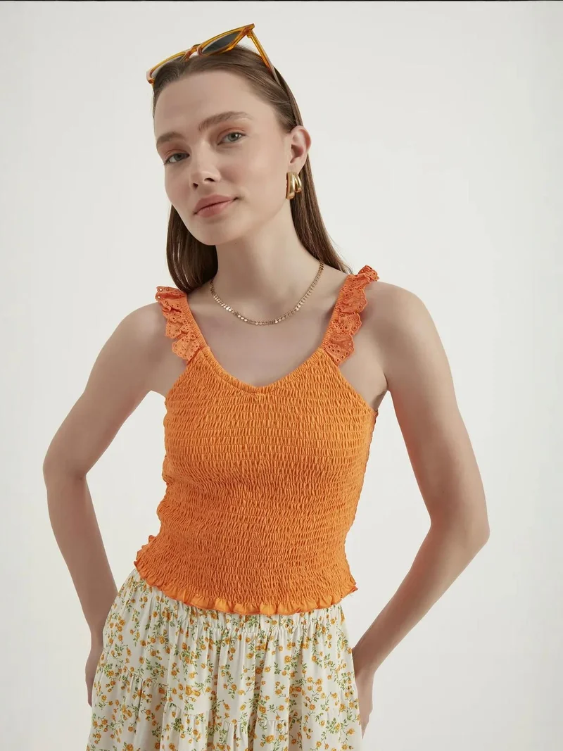 HICCUP V Neck Smocked Cropped Top