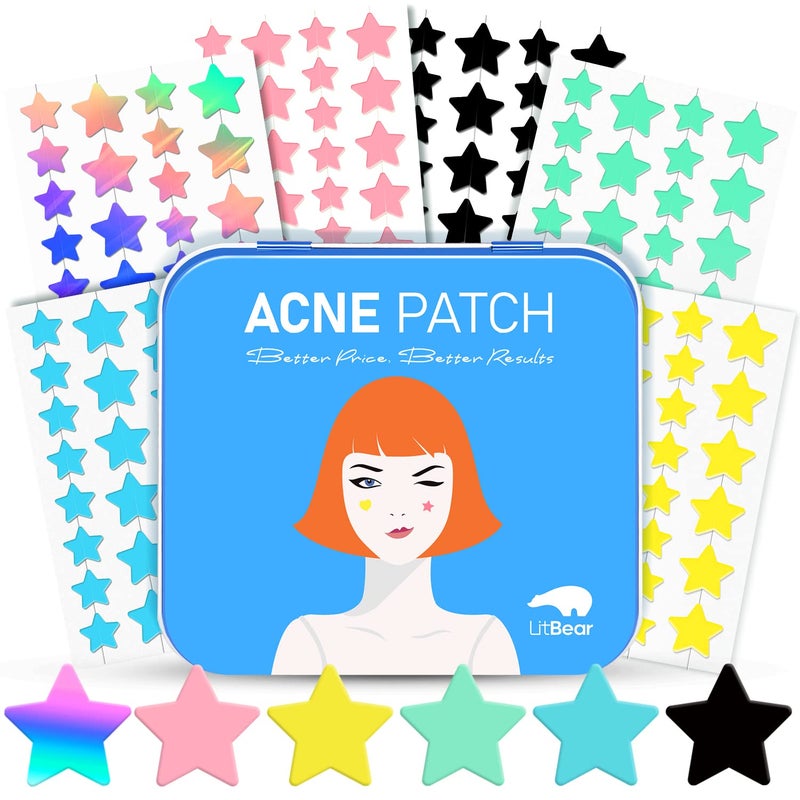 LitBear LitBear Acne Patch with Tea Tree  Centella Oil 168 Hydrocolloid Dots in 6 Colors for Face  Cute Star Pimple Stickers 