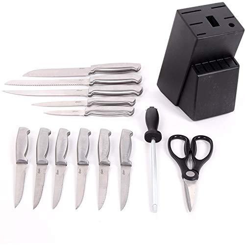 Oster Baldwyn 14 Piece Stainless Steel Cutting Kitchen Knife Cutlery Set with Swivel Block Holder and Knife Sharpener, Brushed Satin - Image 3