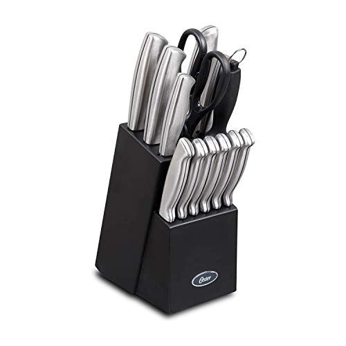 Oster Baldwyn 14 Piece Stainless Steel Cutting Kitchen Knife Cutlery Set with Swivel Block Holder and Knife Sharpener, Brushed Satin - Image 1