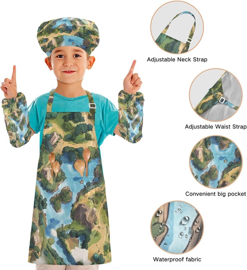 Kids Chef Set Multi-use Scene Graph Adjustable Child Apron with Pockets for Kids Arts Crafts 3-12 Years Old - Image 4