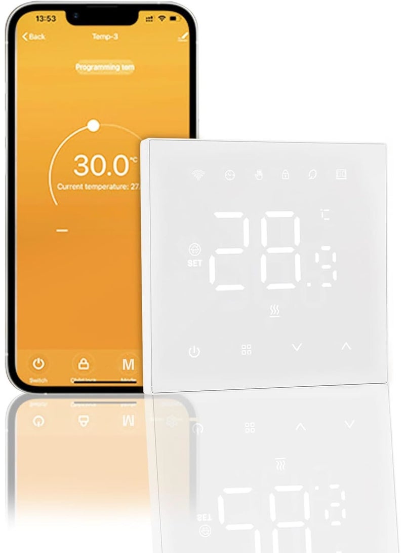 Barakah Smart WiFi Thermostat with LCD Touch Screen, Programmable Digital Thermostat with Sensor and Voice Control, 16A Temperature Controller for Electric Floor Heating in Home Office School (White) - Image 1