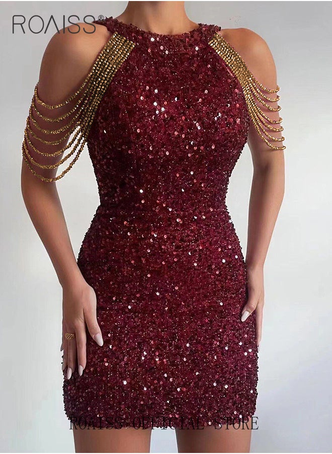 roaiss Banquet Party Hip Skirt for Women Evening Dresses Halter Neck Sequins Short-Length  Mid-Rise Sleeveless Prom Ball Gown Wedding Elegant Slim Formal Dresses Bridesmaid Dress  - Image 2