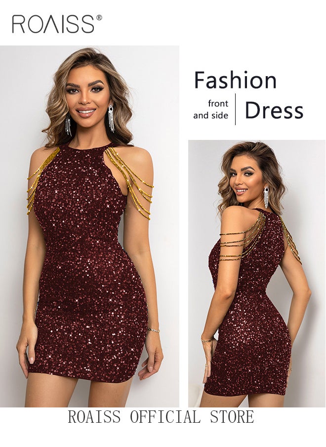roaiss Banquet Party Hip Skirt for Women Evening Dresses Halter Neck Sequins Short-Length  Mid-Rise Sleeveless Prom Ball Gown Wedding Elegant Slim Formal Dresses Bridesmaid Dress  - Image 3