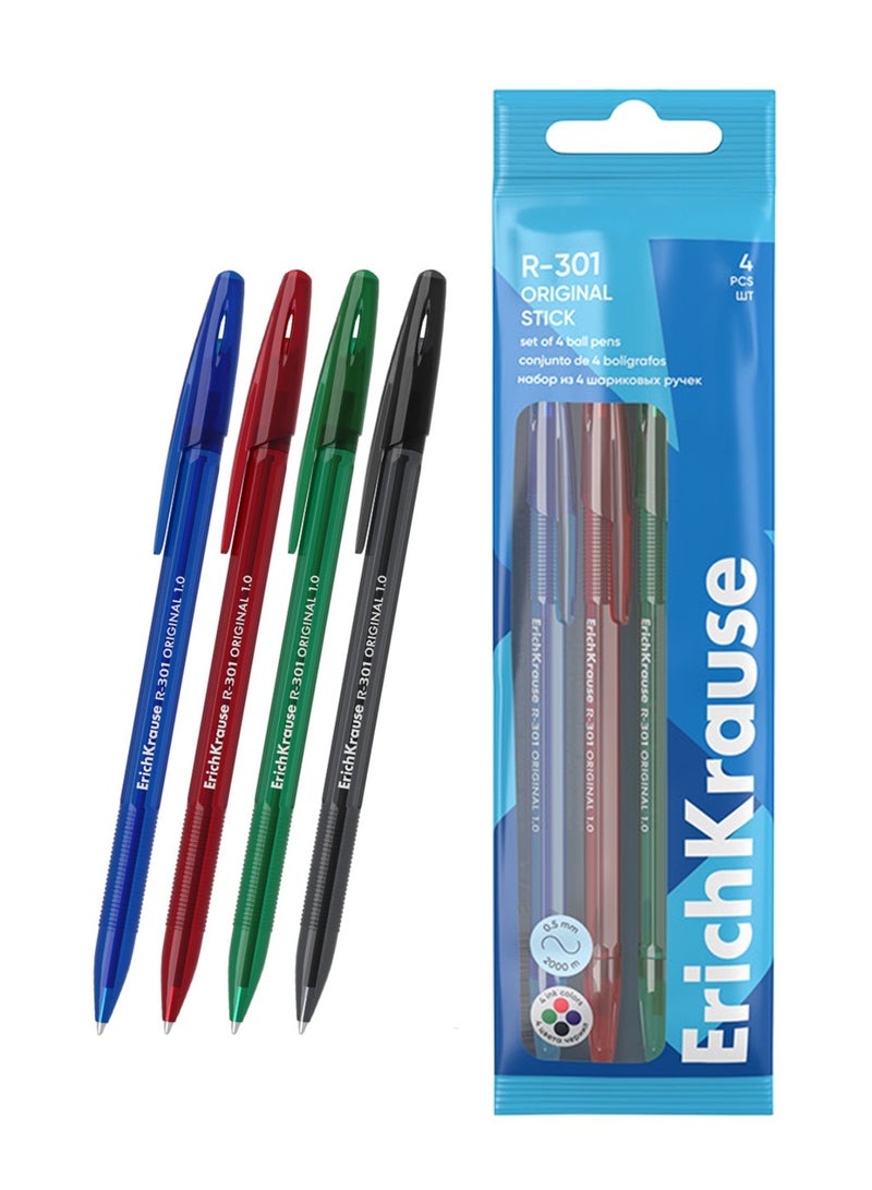 ErichKrause 4-Piece R-301 Original Stick Ballpoint Pens 1.0mm Tip Multicolour - Image 1