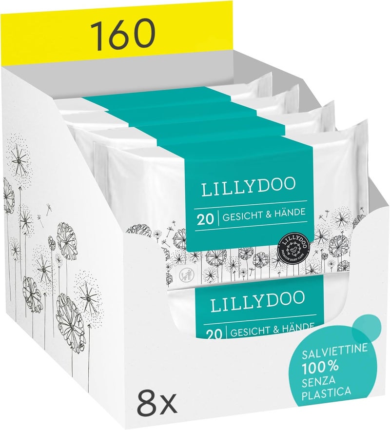 Wet Wipes Face & Hands 160 Pieces (8 x 20), 100% Plastic-Free