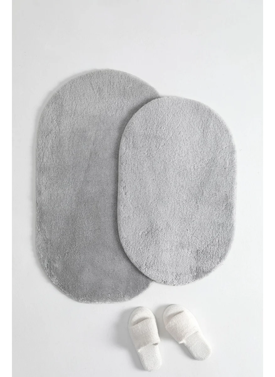 Favora Puffy 2 Piece Oval Bathroom Mat Set - Gray