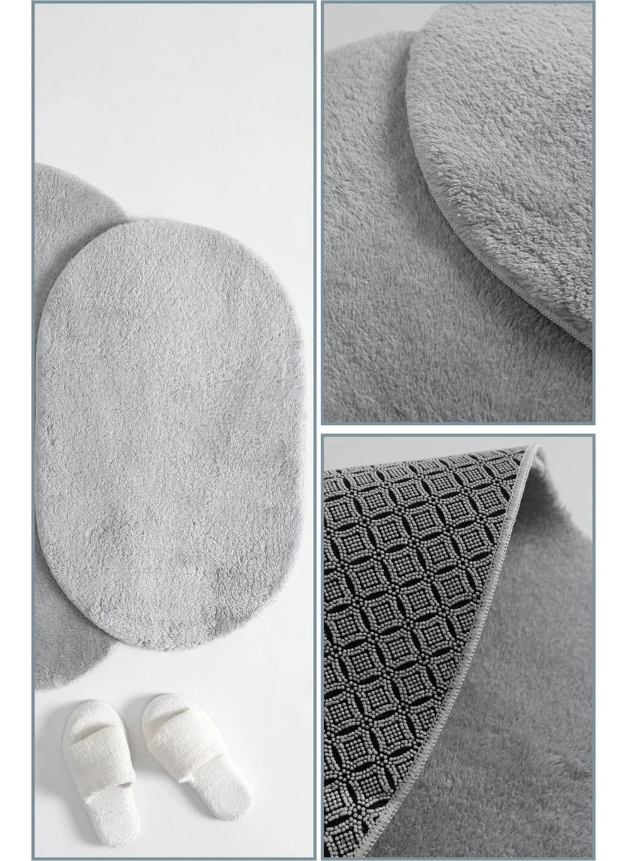 Favora Puffy 2 Piece Oval Bathroom Mat Set - Gray