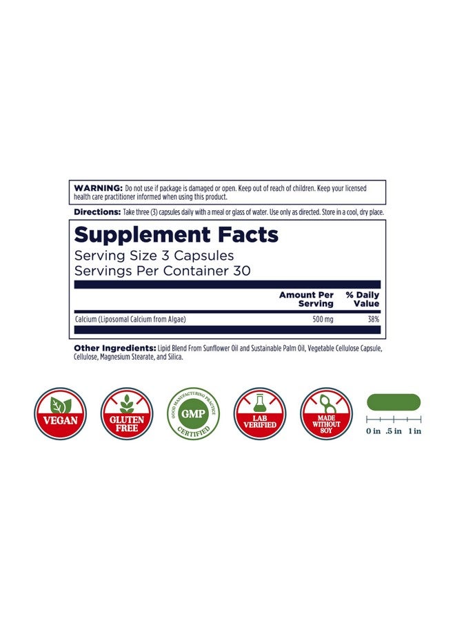 KAL كال كالسيوم ليبوسومال 500 ملغ، مكمل كالسيوم عالي الامتصاص، دعم كالسيوم أساسي، نباتي، خالي من الغلوتين، بدون صويا، 30 حصة، 90 كبسولة نباتية - Image 3