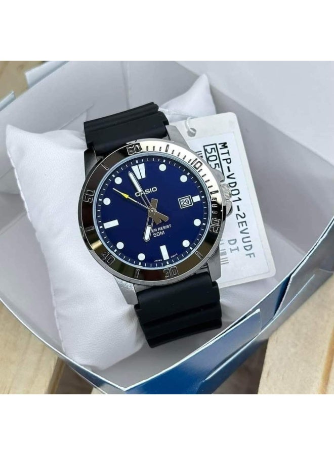 كاسيو ساعة كاسيو رجالية ستانلس ستيل MTP-VD01-2EVUDF – ميناء أزرق مع إطار دوّار وعرض للتاريخ ومقاومة للماء - Image 3