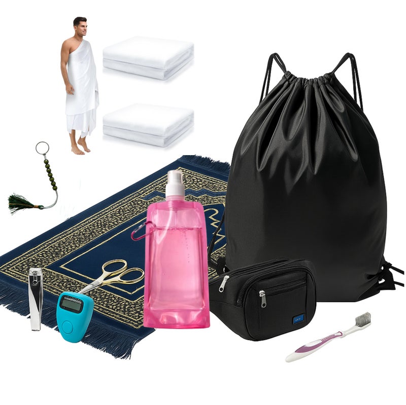 Labbaik Premium Umrah & Hajj Ihram Travel Kit for Men –Includes Ihram, Prayer Mat, Digital Tasbeeh Counter, Backpack, Scissor, Toothbrush, Nail Cutter, Zamzam Bottle, Prayer cap & Waist Bag (10 Items) - Image 1