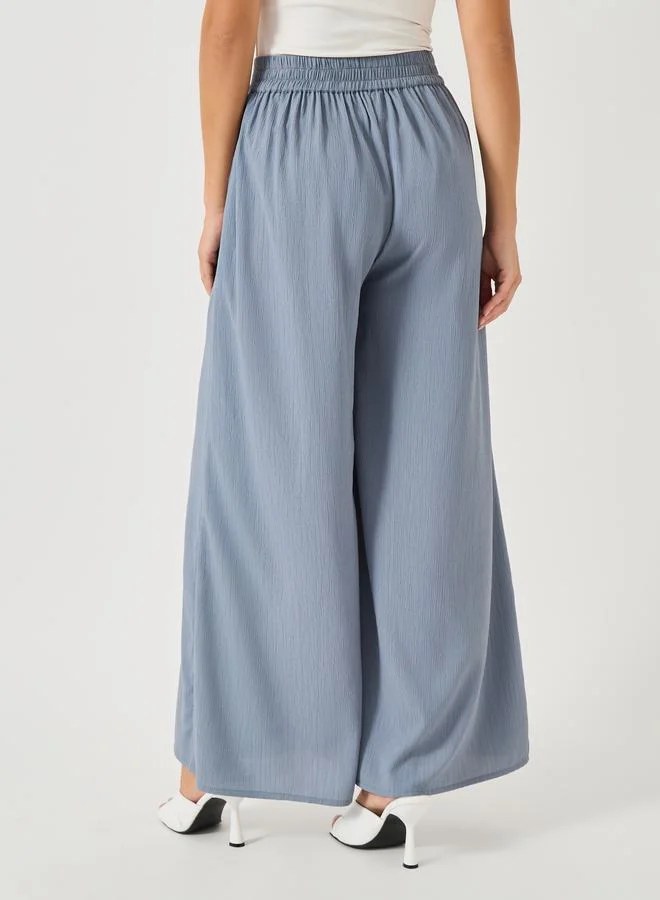 Styli Styli Crinkled Flat Front Wide Leg Pants with Side Pockets