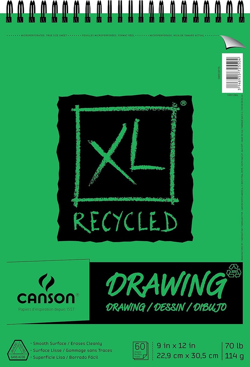 CANSON دفتر رسم كانسون XL سلسلة ورق معاد تدويره، مربوط من الأعلى، 70 رطل، 9 × 12 بوصة، 60 ورقة - Image 1