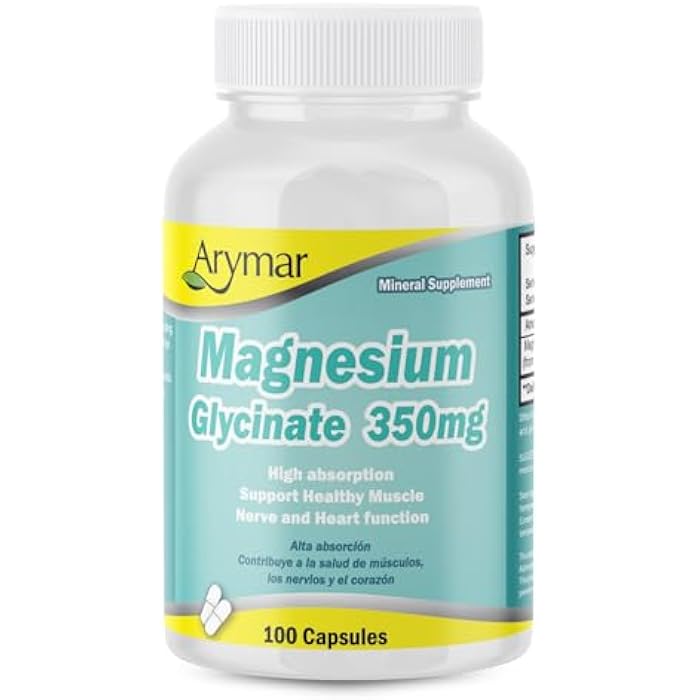 Arymar Magnesium Glycinate 350 mg, 100 Capsules, Supports Muscle Health and Nerve Health, Non-GMO, Gluten-Free - Image 1