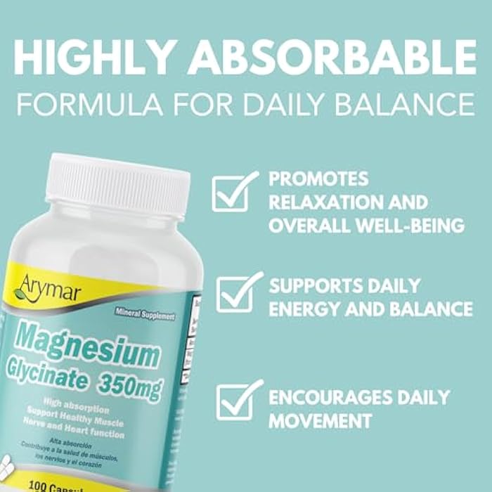 Arymar Magnesium Glycinate 350 mg, 100 Capsules, Supports Muscle Health and Nerve Health, Non-GMO, Gluten-Free - Image 3