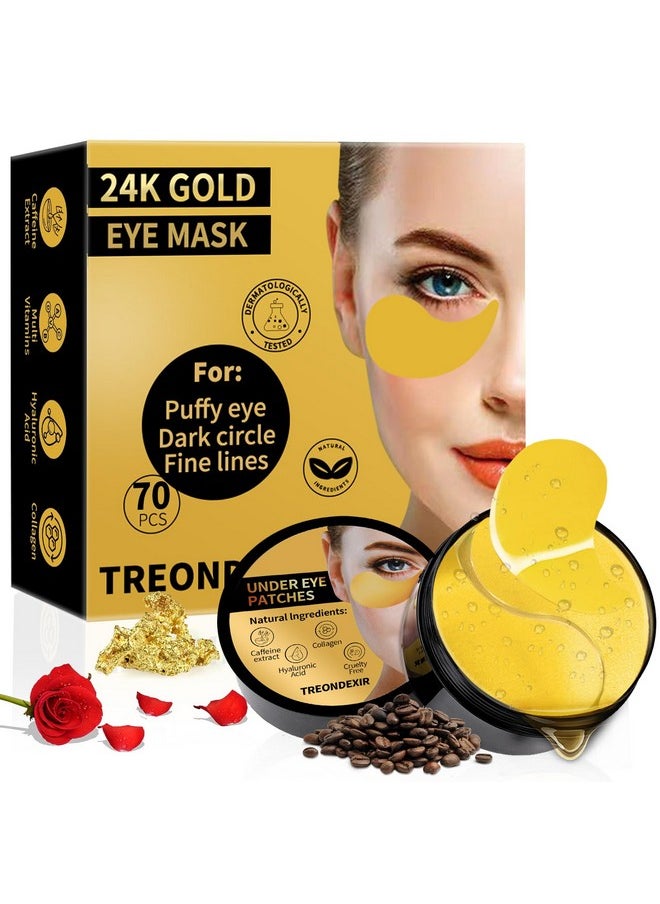 Treondexir - 24K Gold Eye Masks For Dark Circles And Puffiness 70Pcs, Under Eye Patches Gel Pads For Puffy Eyes Treatment W/Collagen, Caffeine, Peptides For Eye Bags Treatment, Gel Eye Mask Skincare - Image 1