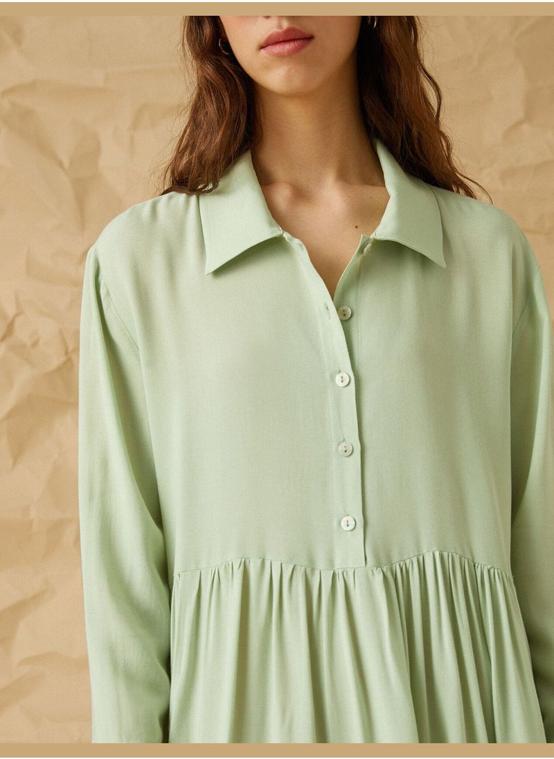 KOTON - Long Sleeve Shirt Neck Frilly Midi Dress - Image 1
