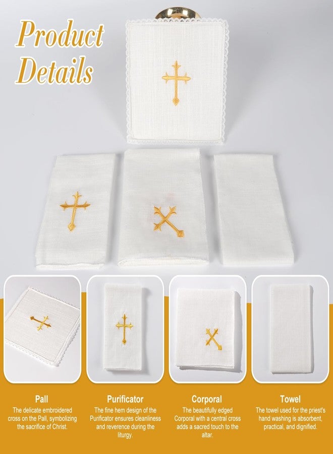 TALPGOD 4 Pcs Altar Supplies Linen Corporal for Churches Set(Pall,Corporal,Purificator,Towel),White Linen Altar Cloth Gold Cross Embroidery,Mass Kit Catholic for Priest - Image 4