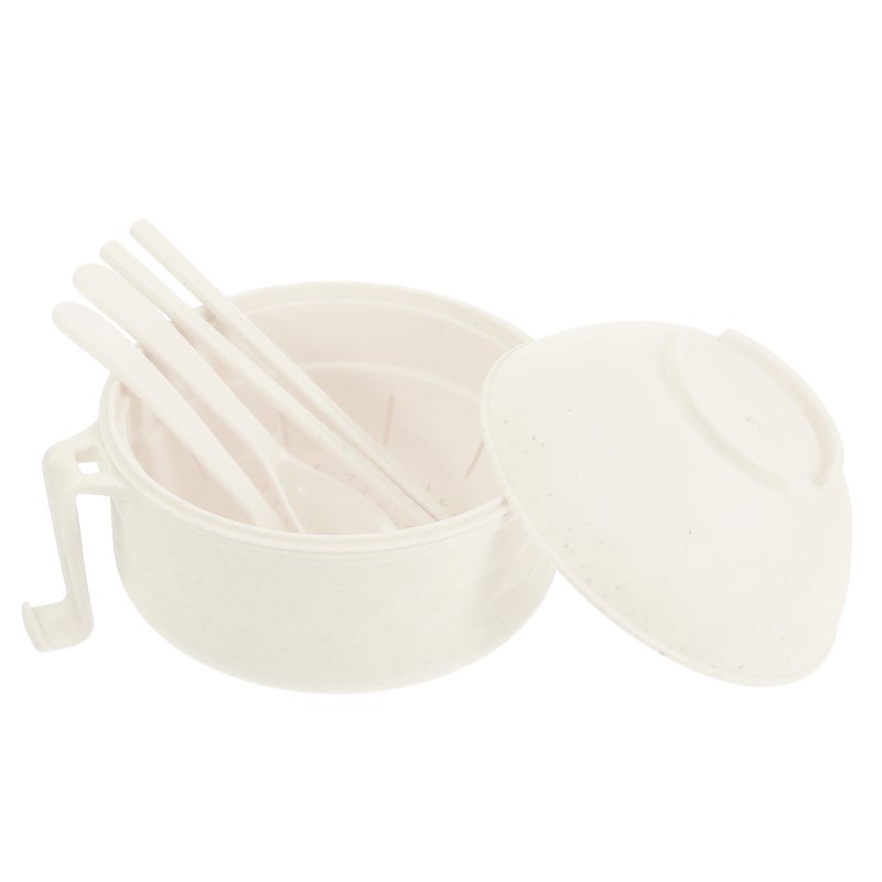 Microwave Ramen Bowl Set with Lid Mixing Salad Pasta Fruit Bowls with Fork Spoon Chopsticks Microwave Safe Ramen Cooker for College Dorm Room Beige - Image 4