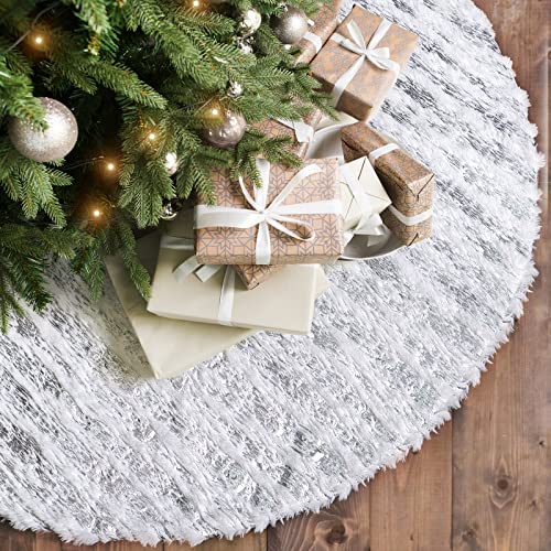 Dremisland Christmas Tree Skirt WhiteSilver Bronzing Luxury Faux Fur Tree Skirt with Sequin Stripes Soft Plush Xmas Tree Skirt for Winter Party Holiday Xmas Decorations Sliver 36inch90cm - Image 1