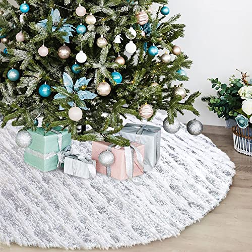 Dremisland Christmas Tree Skirt WhiteSilver Bronzing Luxury Faux Fur Tree Skirt with Sequin Stripes Soft Plush Xmas Tree Skirt for Winter Party Holiday Xmas Decorations Sliver 36inch90cm - Image 3