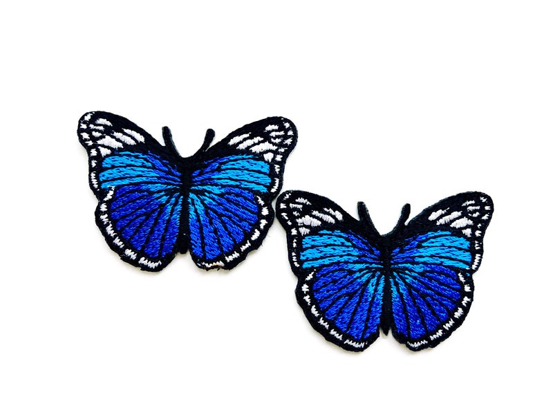 TH Set of 2 Tiny Mini Pretty Butterfly Blue Color Beautiful Colorful Cartoon Patch Embroidered Sew on Iron on Patch for Backpacks Jeans Clothing