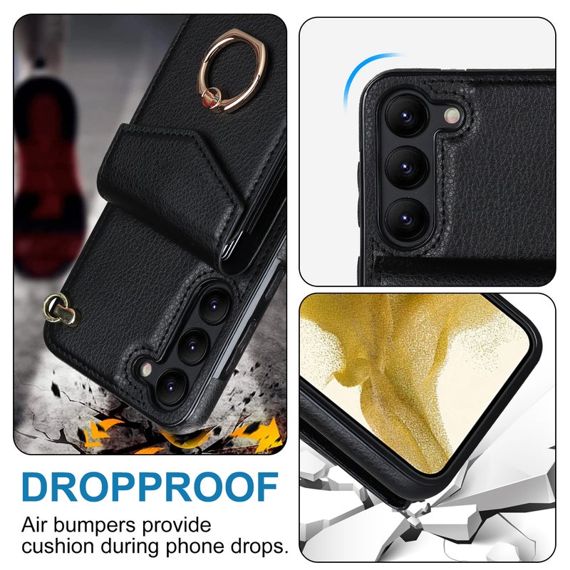 BURAQ Case Cover For Samsung Galaxy S23 5G Ring Holder RFID Card Slot Phone Case with Long Lanyard(Black) - Image 3