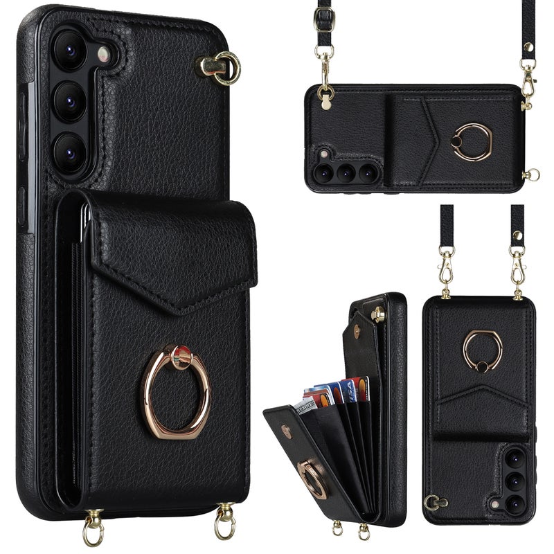 BURAQ Case Cover For Samsung Galaxy S23 5G Ring Holder RFID Card Slot Phone Case with Long Lanyard(Black) - Image 1