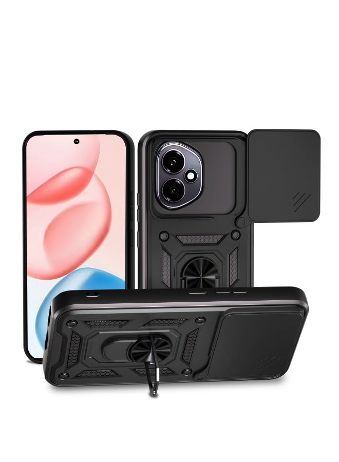 Shunjia Sliding Window Case, Shockproof Rugged Armor with Sliding Camera Cover & 360° Ring Kickstand, Compatible with Honor 400 (Black)
