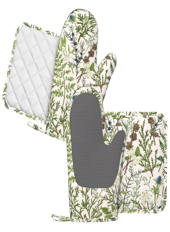 BOKEKANG Botanical Print Oven Mitts and Pot Holders Set of 4 Silicone Vintage Floral Spring Sage Green Flower Plant Kitchen Mitten Gloves and Farmhouse Potholders Set Oven Gloves Hot Holders - Image 2