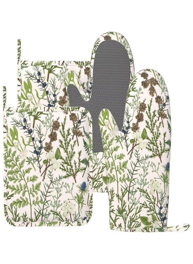 BOKEKANG Botanical Print Oven Mitts and Pot Holders Set of 4 Silicone Vintage Floral Spring Sage Green Flower Plant Kitchen Mitten Gloves and Farmhouse Potholders Set Oven Gloves Hot Holders - Image 1