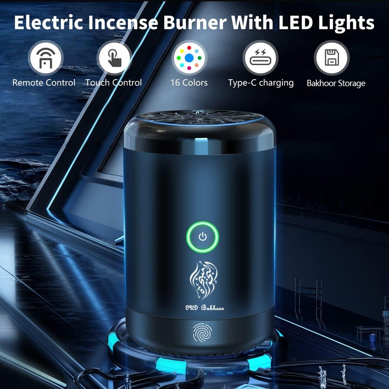 Achas Bakhoor Burner Electric Incense Burner, 16 Kinds Led Lights Portable Electric Car Diffuser مبخرة الكترونية For Home & Office Black - Image 3
