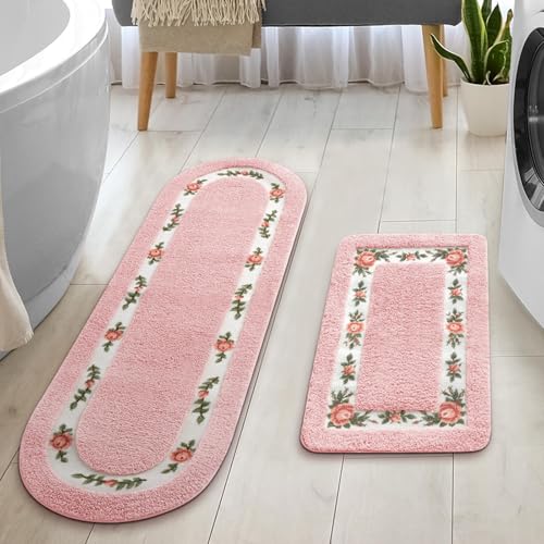 Drydiet 2 Pcs Rose Flowers Bathroom Rugs Set Coquette Room Decor Floral Rugs for Bathroom Bedroom Living RoomNon Skid Absorbent Romantic Rose Flower Area Rugs 2 ShapesPinkLarge - Image 1