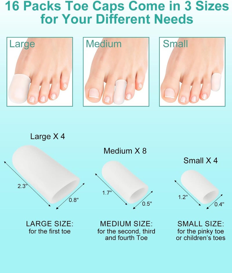 16-Pack Silicone Toe Protectors and Caps, Gel Toe Covers Bandage Sleeves for Women & Men Pain Relief, Cushion Pads for Corns, Calluses, Blisters, Toenails Loss(Clear, Mixed Sizes, 4L+8M+4S) - Image 2