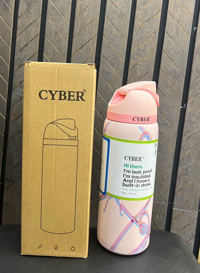 Cyber Insulated Stainless Steel Water Bottle with Straw, 24oz (710ml) - Pink Vermicelli Strips - Image 5
