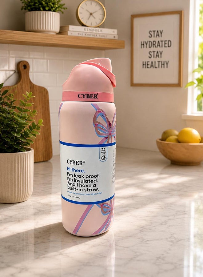 Cyber Insulated Stainless Steel Water Bottle with Straw, 24oz (710ml) - Pink Vermicelli Strips - Image 1
