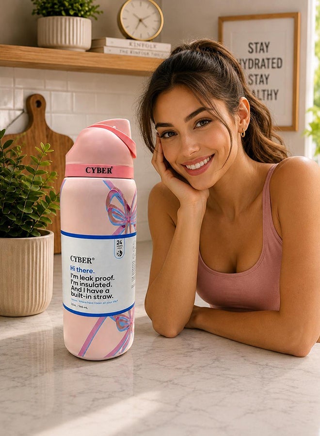 Cyber Insulated Stainless Steel Water Bottle with Straw, 24oz (710ml) - Pink Vermicelli Strips - Image 3