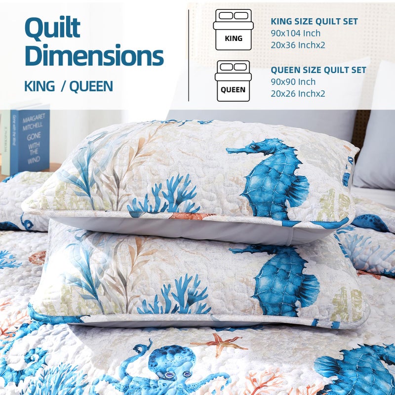 weigelia Coastal Quilts Bedding Set Twin Size - Summer Nautical Bedding Quilt with Pillow Cases, Beach Quilt Set Ocean Blue Seahorse Bedspreads Coverlet Soft Lightweight Comforter - Image 2
