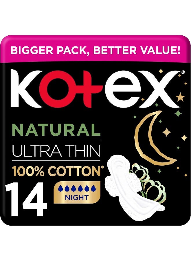 Kotex (PACK OF 2) Natural Ultra Thin Pads, 100% Cotton Pad, Overnight Protection Sanitary Pads With Wings, 14 Sanitary Pads - Image 1