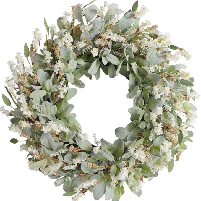 24 INCH SUMMER SPRING IVORY FLOWERS WREATH FOR FRONT DOOR EVERYDAY LAMB EARS LEAVES WREATH WITH WHITE ARTIFICIAL FLOWER FOR INDOOR AND OUTDOOR RUSTIC AND FARMHOUSE GREENERY FLOWER