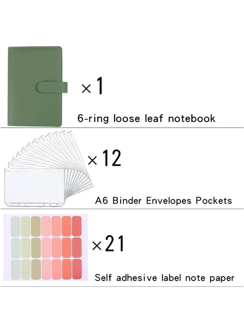 PAPERSAY A6 Pu Leather Budget Binder, Cash Envelopes Organizer, Saving Money Planner Notebook, With Clear Zipper Pockets Saving Binder-(Green) - Image 3