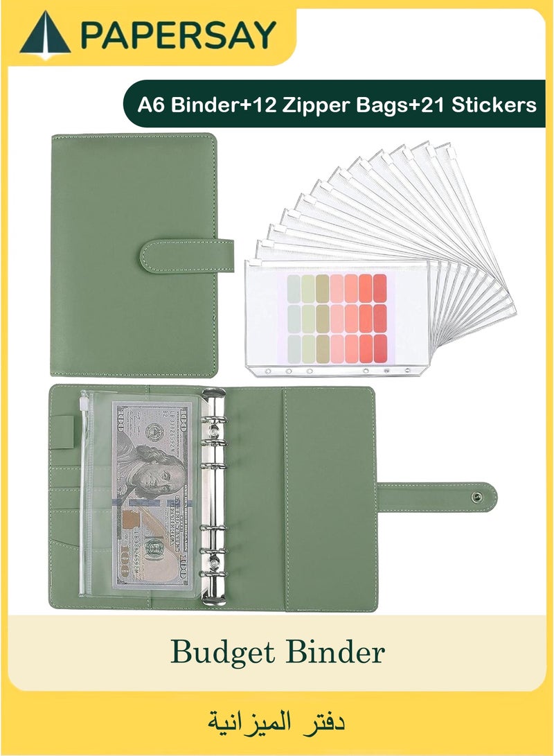 PAPERSAY A6 Pu Leather Budget Binder, Cash Envelopes Organizer, Saving Money Planner Notebook, With Clear Zipper Pockets Saving Binder-(Green) - Image 1