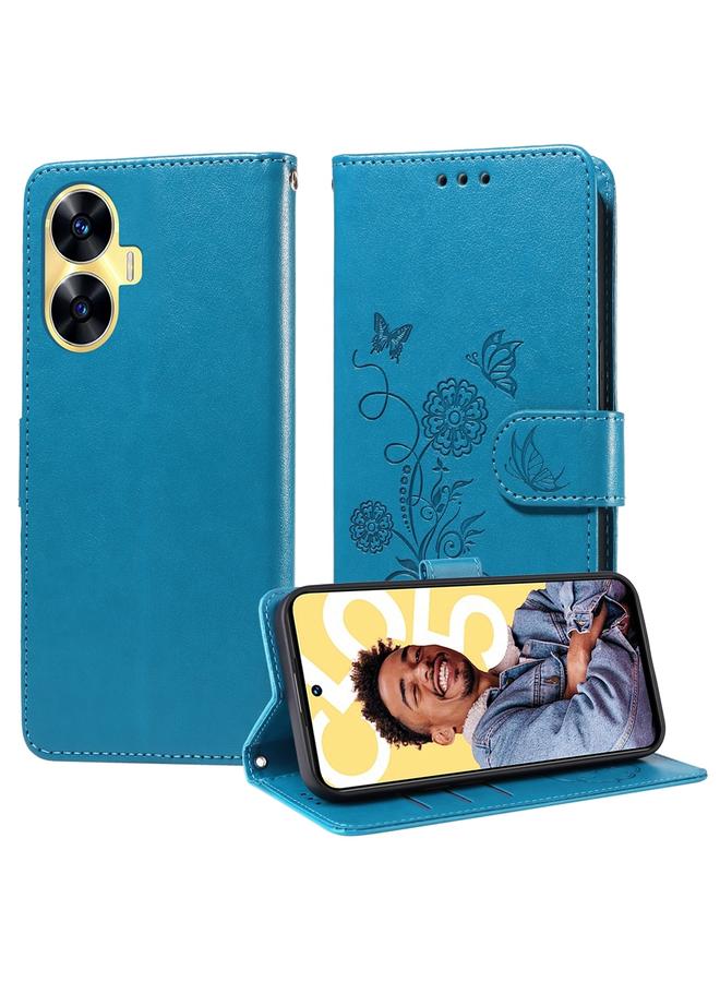 اس-توب جراب هاتف Realme C55 من الجلد المنقوش بزهور الفراشة - Image 1