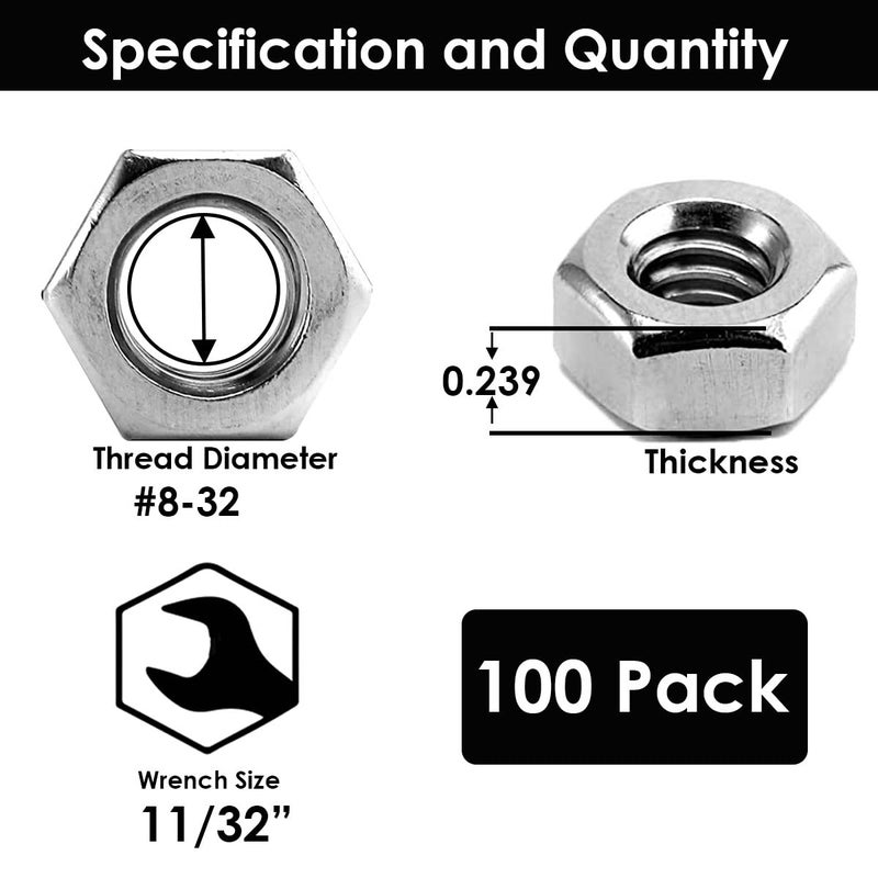 Bolt Dropper No. 8-32 Nylon Insert Lock Nut (100 Pieces) Stainless Steel Finish Hex Nuts, 304 (18-8) Plain Finish Corrosion Resistant Commercial Grade - Image 2