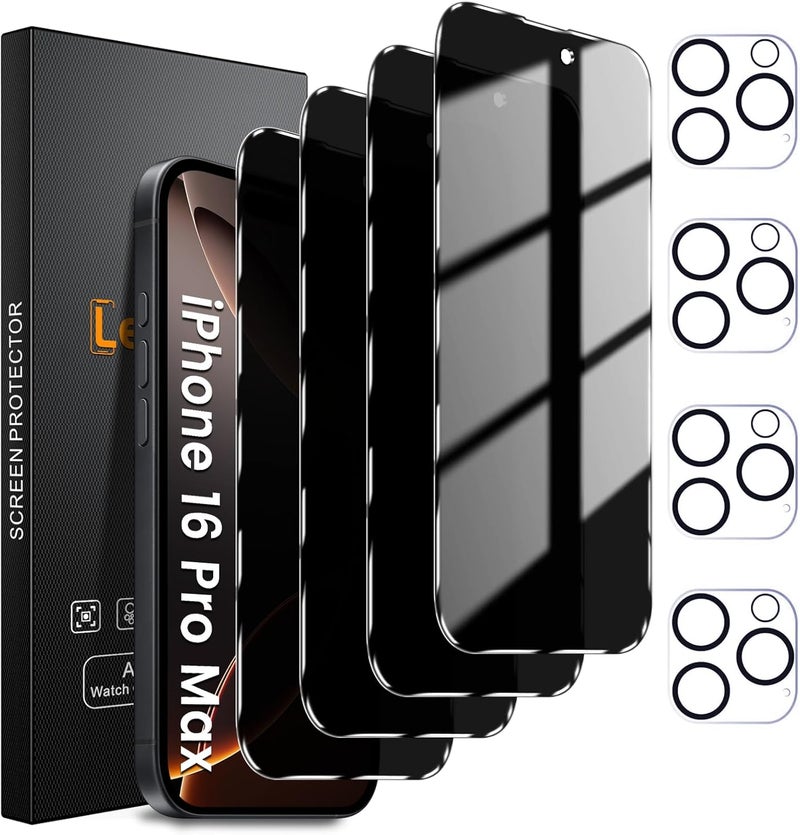 Lesakit 4+4 Pack Privacy Screen Protector for iPhone 16 Pro Max 6.9-Inch with 4 Pack Camera Lens Protector, Anti Spy Tempered Glass Film 9H Hardness Case Friendly - Image 1