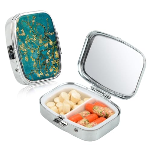 HANNEA® Pill Box 2 Compartment Medicine Pill Case, Portable Small Pills Container Decorative Metal Medicine Vitamin Organizer for Vitamin, Fish Oil and Supplements Holder, Green - Image 1