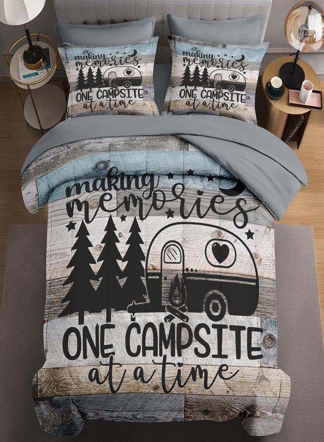 WeCozy 7 Pcs Queen Size Comforter Set with 2 Pillowcases & 2 Shams, Retro Wood Camp Camper Bedding Set for Kids and Adults, Inspirational Motivational Bed in a Bag with Flat Sheet and Fitted Sheet - Image 1