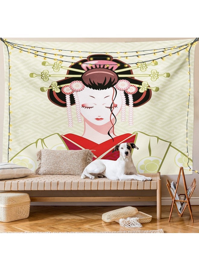 Ambesonne Japanese Tapestry, Geisha Woman Portrait Traditional Kimono Maiko Cultural Hairdo, Wide Wall Hanging for Bedroom Living Room Dorm, 60" X 40", Green Red Pale Yellow - Image 1